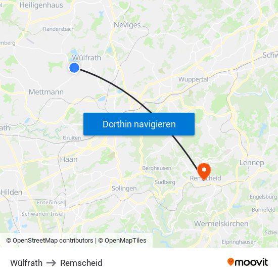 Wülfrath to Remscheid map