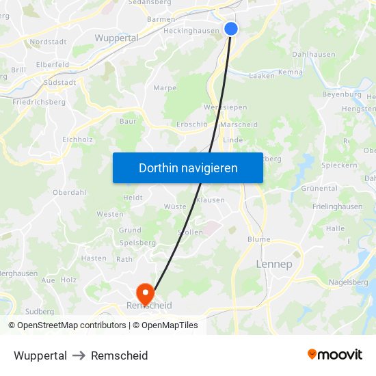 Wuppertal to Remscheid map