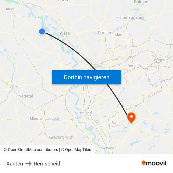 Xanten to Remscheid map