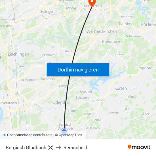 Bergisch Gladbach (S) to Remscheid map