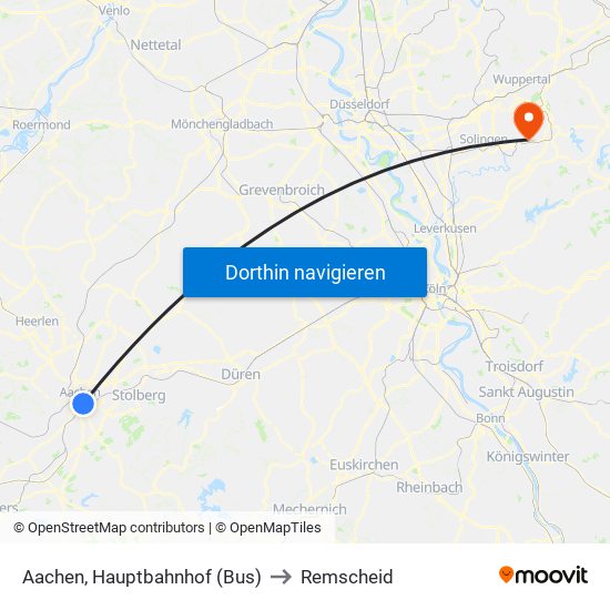 Aachen, Hauptbahnhof (Bus) to Remscheid map