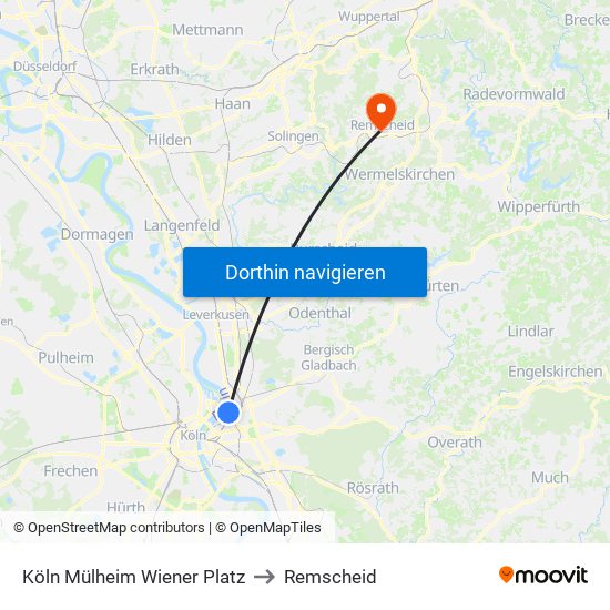 Köln Mülheim Wiener Platz to Remscheid map