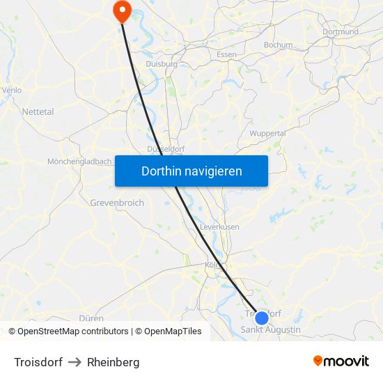 Troisdorf to Rheinberg map