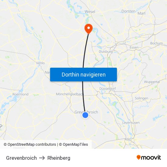 Grevenbroich to Rheinberg map