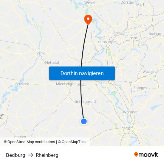Bedburg to Rheinberg map