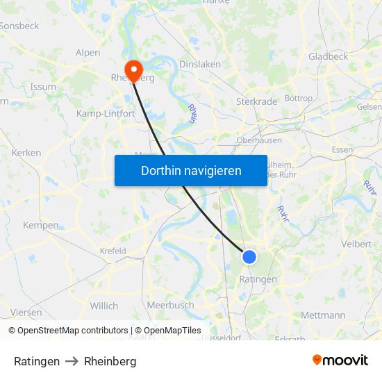 Ratingen to Rheinberg map