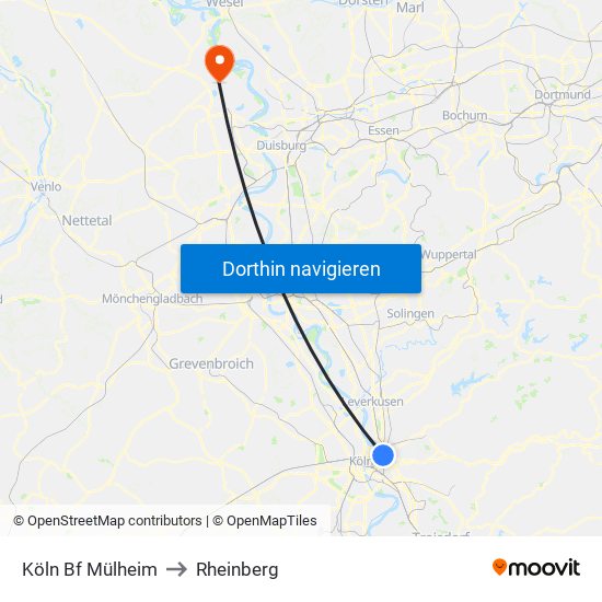 Köln Bf Mülheim to Rheinberg map