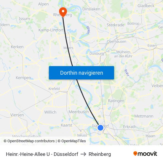 Heinr.-Heine-Allee U - Düsseldorf to Rheinberg map