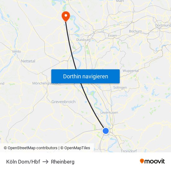 Köln Dom/Hbf to Rheinberg map