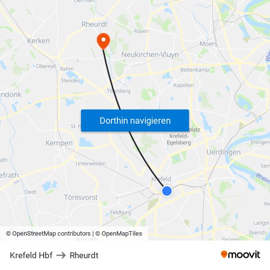 Krefeld Hbf to Rheurdt map