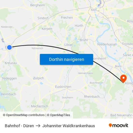 Bahnhof - Düren to Johanniter Waldkrankenhaus map