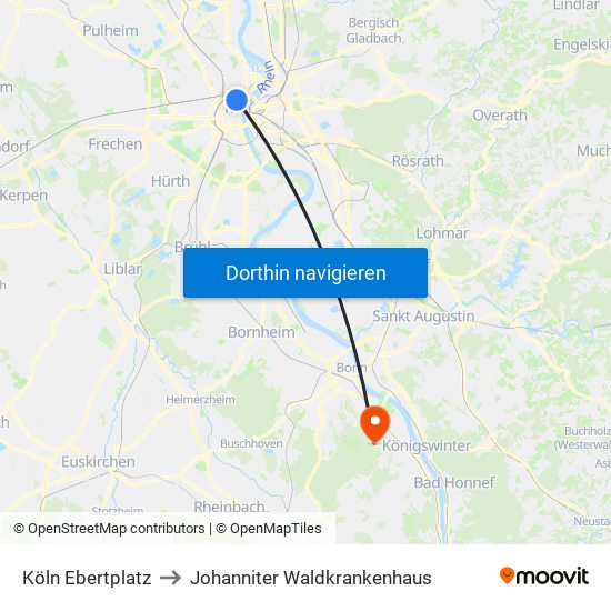 Köln Ebertplatz to Johanniter Waldkrankenhaus map