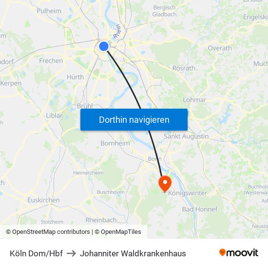 Köln Dom/Hbf to Johanniter Waldkrankenhaus map