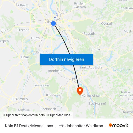 Köln Bf Deutz/Messe Lanxess Arena to Johanniter Waldkrankenhaus map
