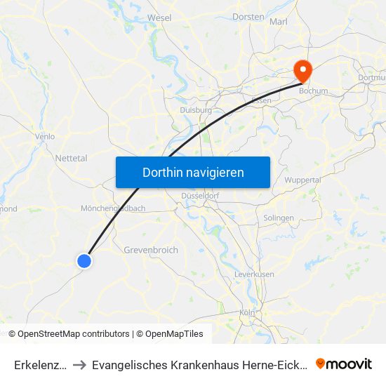 Erkelenz, Bahnhof to Evangelisches Krankenhaus Herne-Eickel (Ev. Krankenhaus Herne-Eickel) map