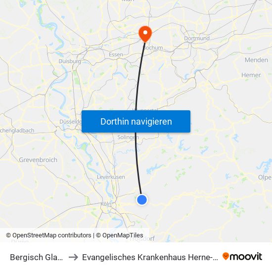 Bergisch Gladbach Bensberg to Evangelisches Krankenhaus Herne-Eickel (Ev. Krankenhaus Herne-Eickel) map