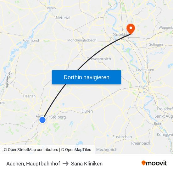 Aachen, Hauptbahnhof to Sana Kliniken map