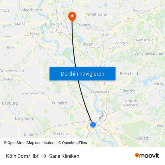 Köln Dom/Hbf to Sana Kliniken map