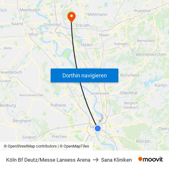 Köln Bf Deutz/Messe Lanxess Arena to Sana Kliniken map