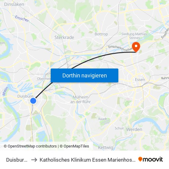 Duisburg Hbf to Katholisches Klinikum Essen Marienhospital Altenessen map