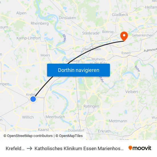 Krefeld Hbf to Katholisches Klinikum Essen Marienhospital Altenessen map