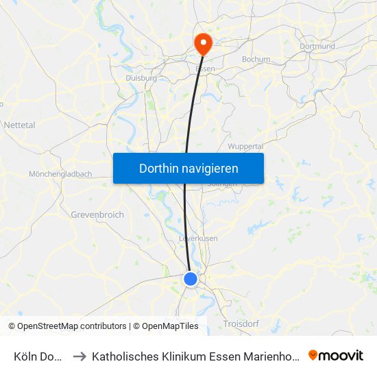 Köln Dom/Hbf to Katholisches Klinikum Essen Marienhospital Altenessen map