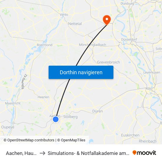 Aachen, Hauptbahnhof to Simulations- & Notfallakademie am Helios Klinikum Krefeld map