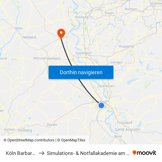 Köln Barbarossaplatz to Simulations- & Notfallakademie am Helios Klinikum Krefeld map