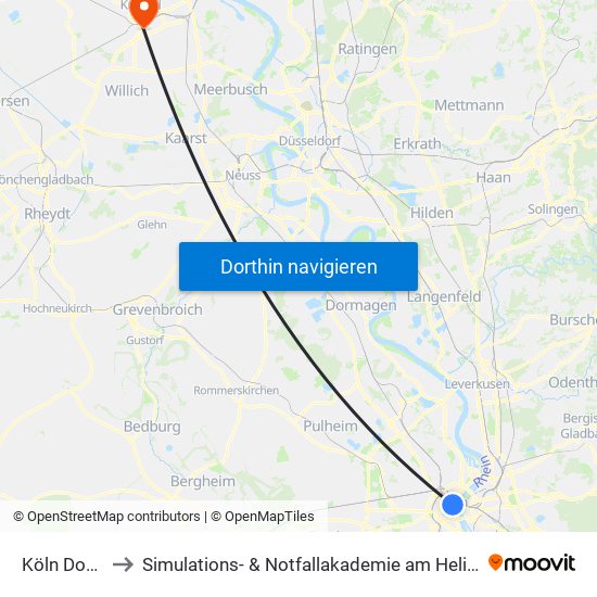 Köln Dom/Hbf to Simulations- & Notfallakademie am Helios Klinikum Krefeld map