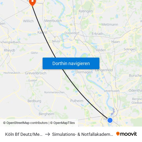 Köln Bf Deutz/Messe Lanxess Arena to Simulations- & Notfallakademie am Helios Klinikum Krefeld map