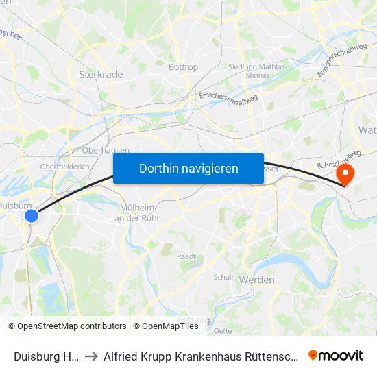 Duisburg Hbf to Alfried Krupp Krankenhaus Rüttenscheid map