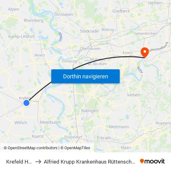 Krefeld Hbf to Alfried Krupp Krankenhaus Rüttenscheid map