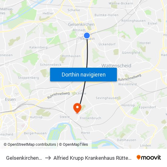 Gelsenkirchen Hbf to Alfried Krupp Krankenhaus Rüttenscheid map