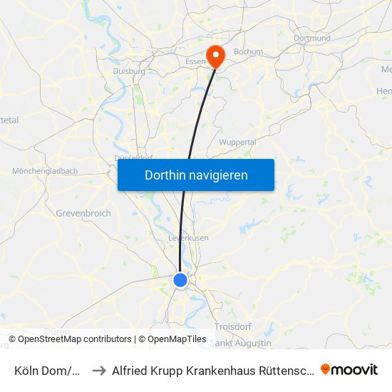 Köln Dom/Hbf to Alfried Krupp Krankenhaus Rüttenscheid map