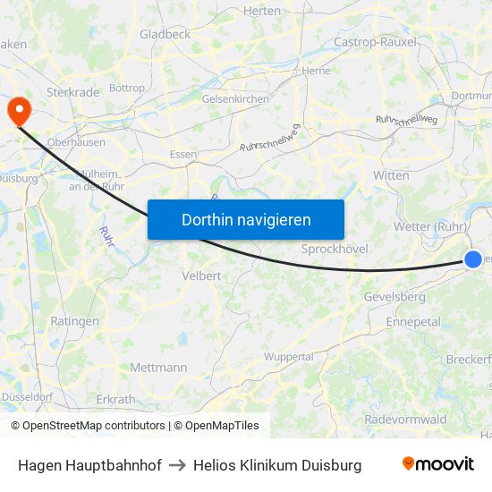 Hagen Hauptbahnhof to Helios Klinikum Duisburg map