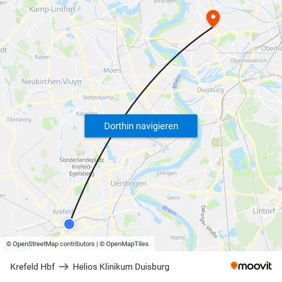 Krefeld Hbf to Helios Klinikum Duisburg map