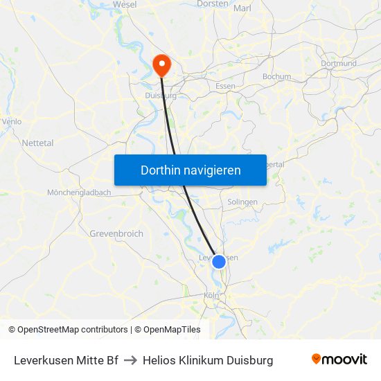 Leverkusen Mitte Bf to Helios Klinikum Duisburg map