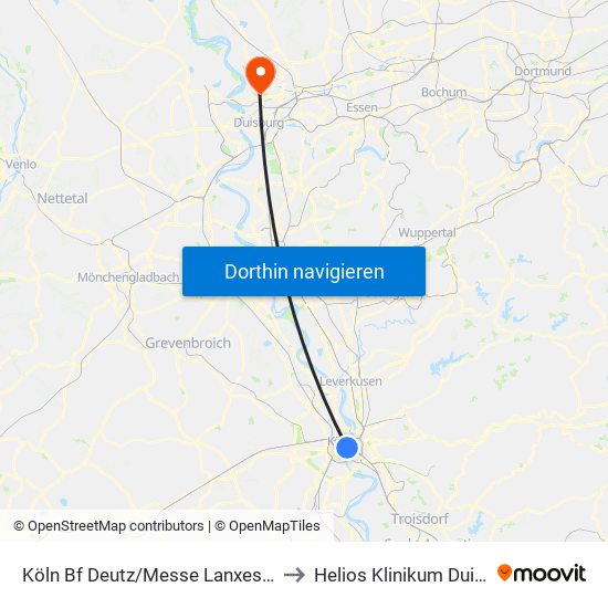 Köln Bf Deutz/Messe Lanxess Arena to Helios Klinikum Duisburg map