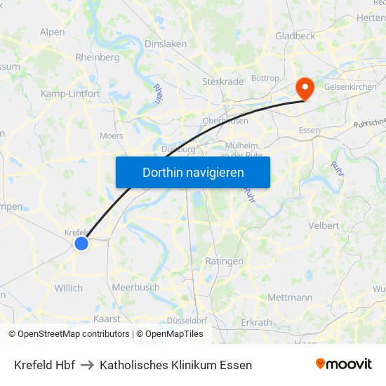 Krefeld Hbf to Katholisches Klinikum Essen map