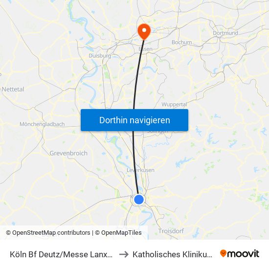 Köln Bf Deutz/Messe Lanxess Arena to Katholisches Klinikum Essen map