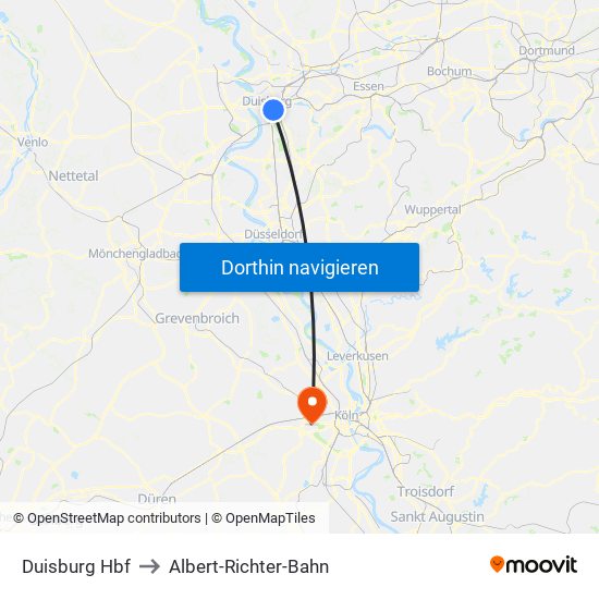 Duisburg Hbf to Albert-Richter-Bahn map