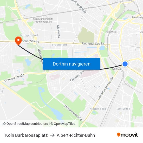 Köln Barbarossaplatz to Albert-Richter-Bahn map