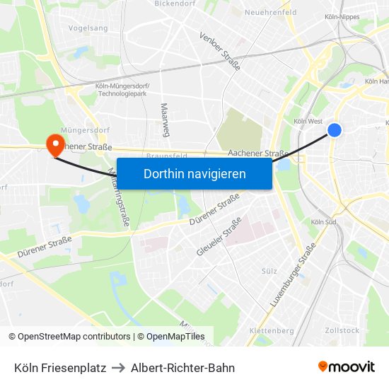Köln Friesenplatz to Albert-Richter-Bahn map