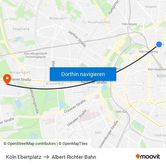 Köln Ebertplatz to Albert-Richter-Bahn map