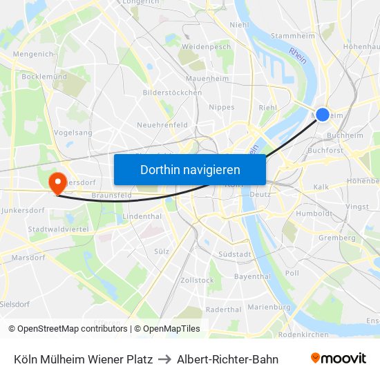 Köln Mülheim Wiener Platz to Albert-Richter-Bahn map