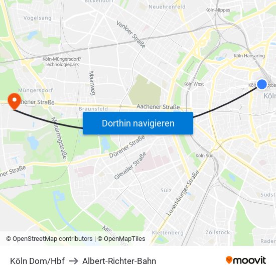 Köln Dom/Hbf to Albert-Richter-Bahn map