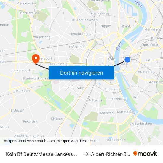 Köln Bf Deutz/Messe Lanxess Arena to Albert-Richter-Bahn map
