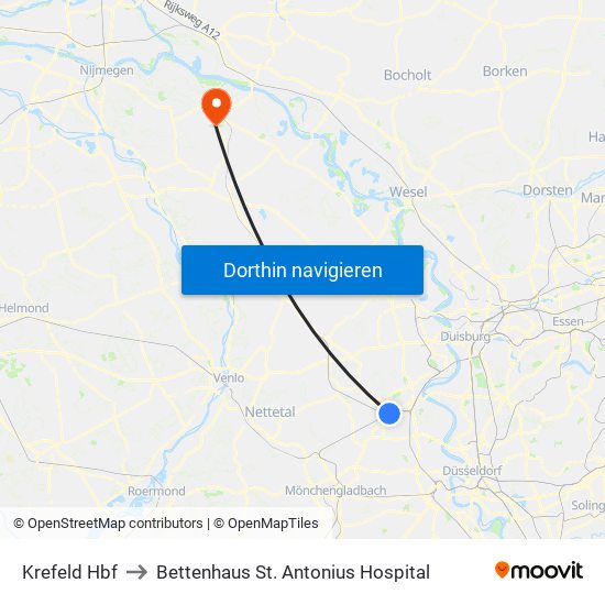 Krefeld Hbf to Bettenhaus St. Antonius Hospital map