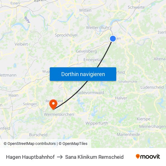Hagen Hauptbahnhof to Sana Klinikum Remscheid map