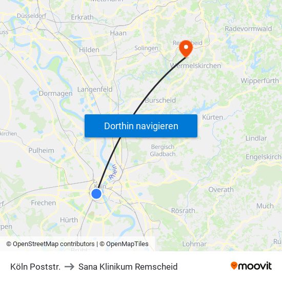 Köln Poststr. to Sana Klinikum Remscheid map